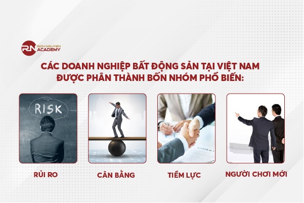 Các doanh nghiệp BĐS tại Việt Nam được phân thành 4 nhóm phổ biến gồm: rủi ro, cân bằng, tiềm lực và người chơi mới